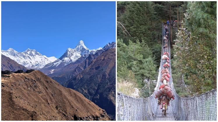 A sinistra la piramide dell’Ama Dablam, primo assaggio di grandi montagne (foto Pighi) e il gruppo in marcia attraversa uno dei «ponti tibetani» (a destra)