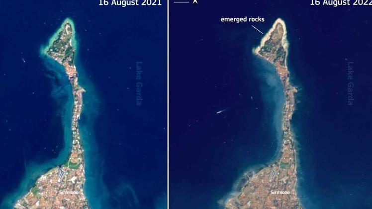 Confronto Nelle immagini satellitari di Copernicus la penisola di Sirmione, con le secche degli ultimi due anni