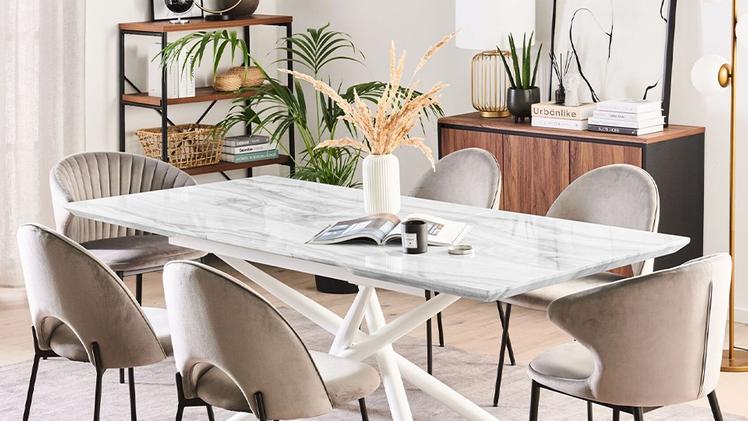 FAVI, tavolo da pranzo effetto marmo piano tavolo gambe bianche MDF allungabile 160/200 x 90 cm glam design rettangolare