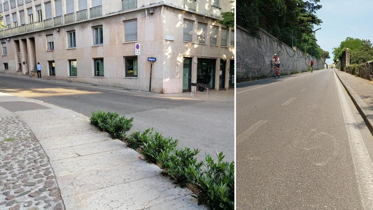 A sinistra l'incrocio tra via Valverde e piazza Pradaval e a destra la ciclabile di via Berardi
