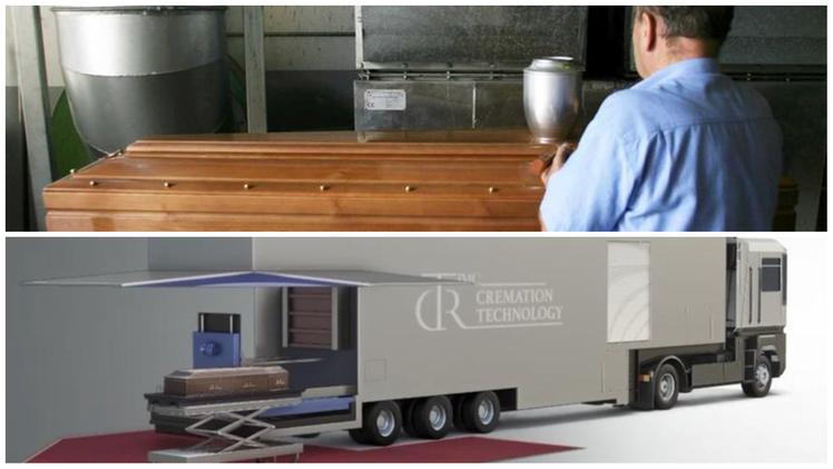 L’impianto di cremazione mobile debutterà a settembre. Sarà al servizio dei privati e dei Comuni per le inumazioni. Nell'immagine sotto, il prototipo