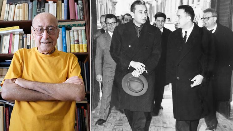 A sinistra Enzo Erminero oggi, 92 anni. A destra con Aldo Moro all'inaugurazione della sede della Dc di via Garibaldi