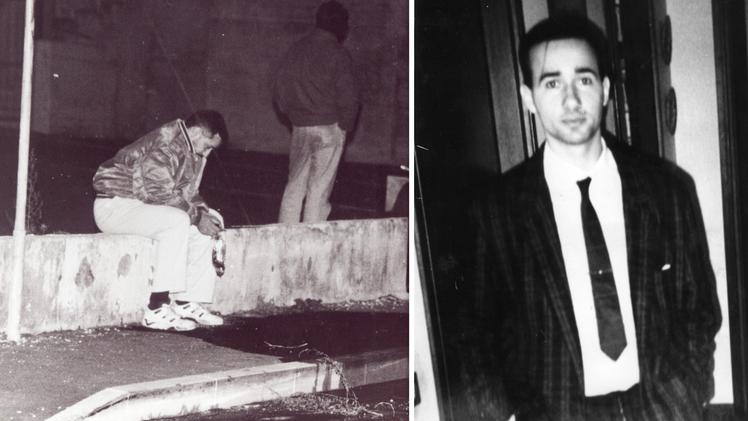 Davide Turazza, a sinistra, sul luogo dell'omicidio del fratello Massimiliano Turazza, ritratto nella foto a destra