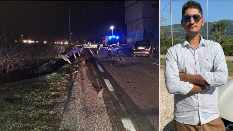 L'auto caduta nella scarpata ieri sera a Montecchia e la giovane vittima, il 31enne Avjeet Singh (foto Dalli Cani)