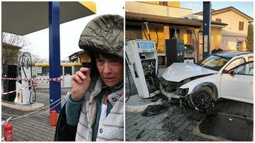 L’auto finita contro una delle colonnine che erogano il carburante e la titolare Carolina Maria Albertini (foto Pecora)