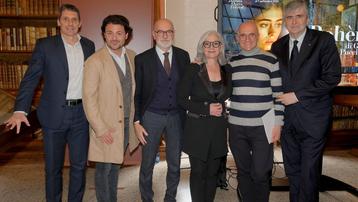 La presentazione della Bohème alla Pinacoteca di Brera: da sinistra Trespidi, Grigolo, Crespi, Gasdia, Signorini, Mazzi (foto Ennevi)