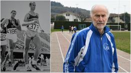 Armando Zambaldo quando gareggiava nella marcia e oggi a 80 anni, allenatore dei ragazzi (foto Pecora)