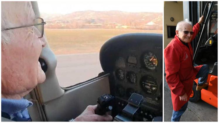 L'artigiano pilota: Cesare Lovato ai comandi di un aereo, la passione che lo accompagna da una vita, e a destra nel capannone della sua azienda (foto Pecora)