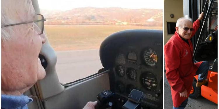 L'artigiano pilota: Cesare Lovato ai comandi di un aereo, la passione che lo accompagna da una vita, e a destra nel capannone della sua azienda (foto Pecora)