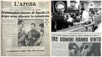 La prima pagina de L'Arena del 15 aprile del 1970 con articoli e foto che raccontano la vicenda a lieto fine dell'Apollo 13
