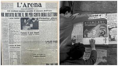 A destra un'immagine storica del 1948: manifesti elettorali sul muro di un palazzo di Roma. A sinistra la prima pagina de L'Arena che racconta il voto a Verona