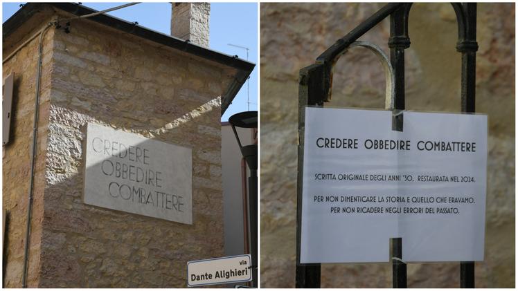 In via Alighieri il motto originale fascista su una casa privata restaurato di recente e il cartello con la spiegazione dell’intervento FOTO PECORA