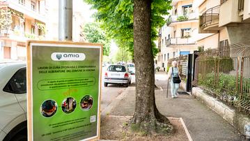 Un cartello dell’Amia in viale della Repubblica sul taglio degli alberi della strada (Marchiori)