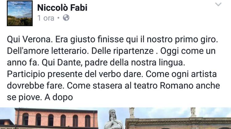 Il post "veronese" di Niccolò Fabi sul suo profilo Fb