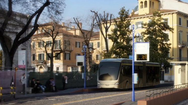 Una fotosimulazione del filobus davanti a Castelvecchio