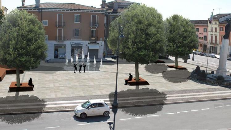 Piazza Giovanni XXIII come è oggi, con i suoi pini marittimi FOTO PECORALa piazza come diventerà: con panchine che inglobano i lecci, un piccolo palco e una fontana a raso
