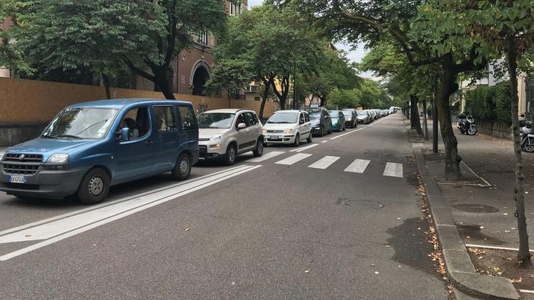 Colonna di auto in via Bixio (foto Perbellini)