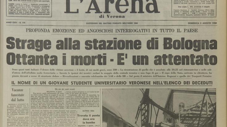 Strage di Bologna, la prima pagina de L'Arena