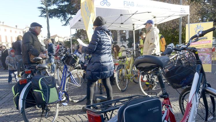 Punzonatura di biciclette in occasione di una manifestazione della Fiab in piazza Bra a Verona