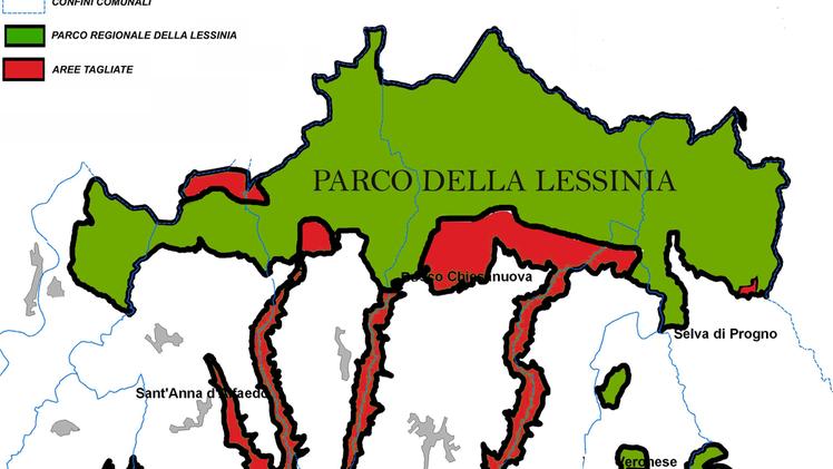 Il Parco della Lessinia come diventerebbe con il taglio delle aree indicate in rosso