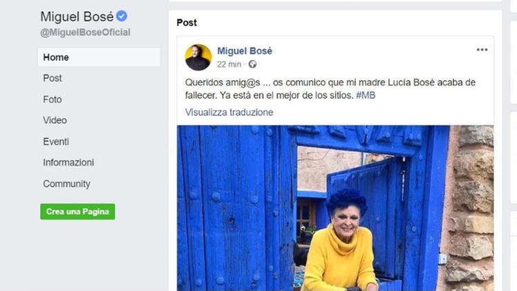 Il post Fb di Miguel Bosè sulla morte della madre