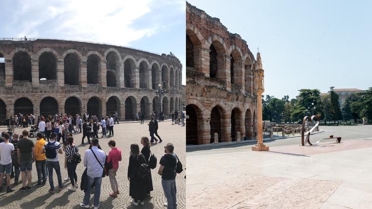 Piazza Bra: a sinistra il 2019 (foto Brusati), a destra il 2020 (foto Marchiori)
