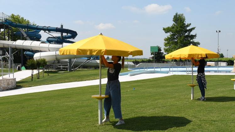 Gli ombrelloni debitamente distanziati secondo il nuovo regolamento FOTO PECORA