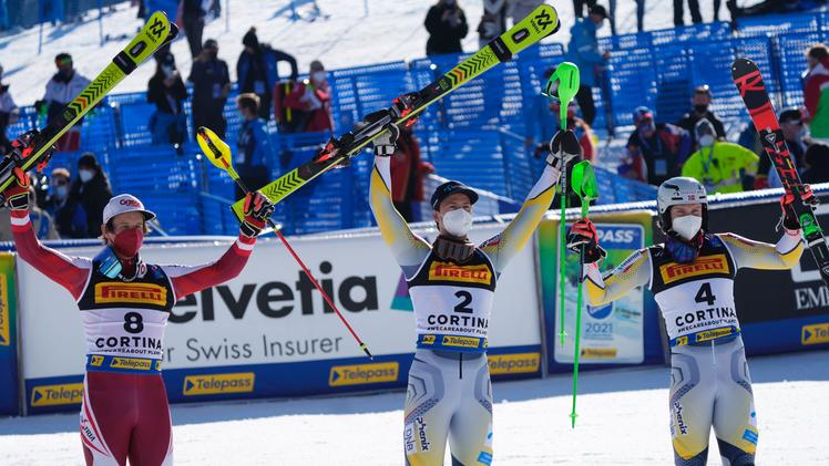 Slalom maschile, il podio di Cortina