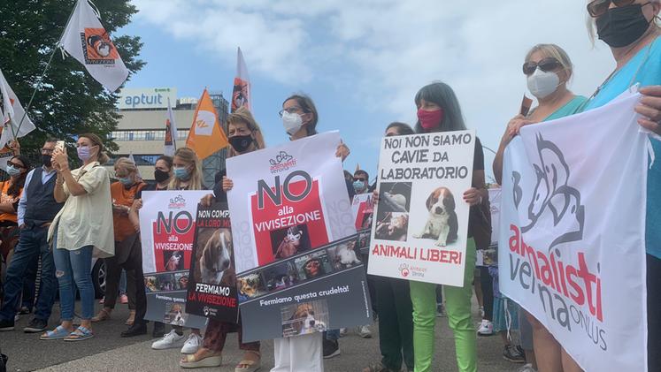 La protesta delle associazioni animaliste davanti ad Aptuit (Perbellini)