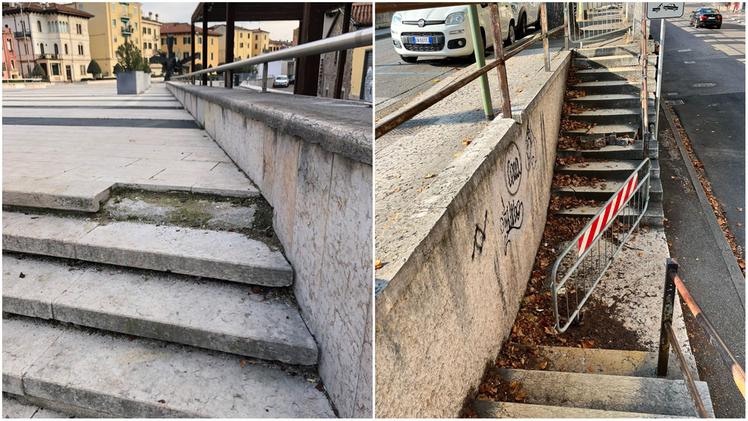 Gradini pericolosi. A sinistra uno scalino mancante in Piazza Isolo, a destra la scalinata bloccata in lungadige Porta Vittoria