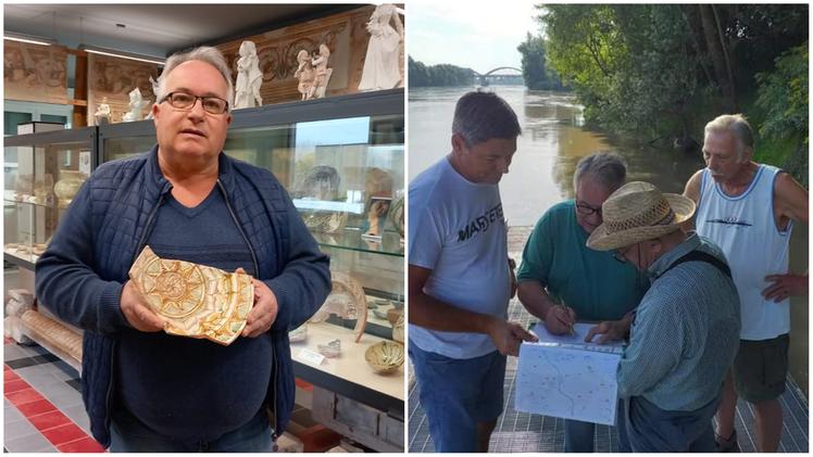 Gianni Rigodanzo con un frammento di ceramica ritrovato in Adige e l’ispettore onorario impegnato in una ricognizione nel fiume