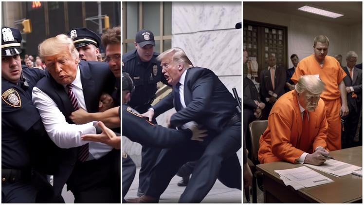 Le foto (fake) che ritraggono Donald Trump mentre scappa dagli agenti. Opera di Eliot Higgins, fondatore della piattaforma di giornalismo investigativo Bellingcat, che ha usato l'intelligenza artificiale