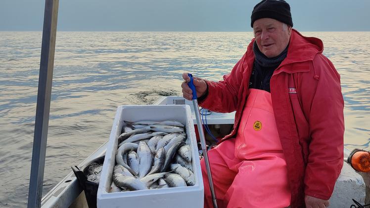 Umberto Dominici in barca e con il pescato del giorno: da sessant’anni è sul lago esercitando l’antico mestiere del pescatore