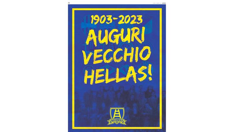 Gli auguri della Curva Sud sulle pagine de L'Arena per il compleanno dell'Hellas Verona